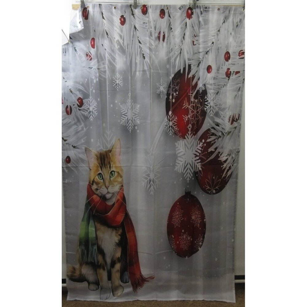 Gray Winter Ginger Cat Shower Curtain 44"x72" Waterproof  Xmas Ornaments 8 Hooks